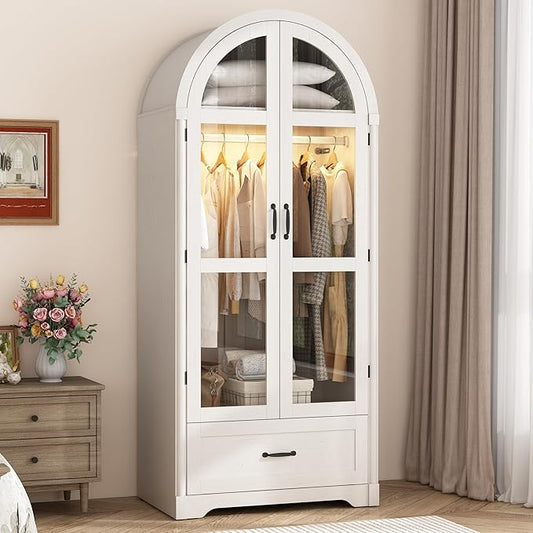 2 Doors Arched Armoire Wardrobe Closet w/Drawers,LED Light,Wooden Closet Wardrobe Cabinet with Hanging Rod for Bedroom,Modern Armoire Storage Cabinet w/Shelf,Antique White