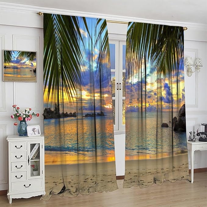 Ocean Beach Curtains,Sunset on Beach in The Evening Hawaiian Seaside Scene Pattern Print Decor Home Bedroom Living Room Window Treatments 2 Panel Set 42x45 Inch