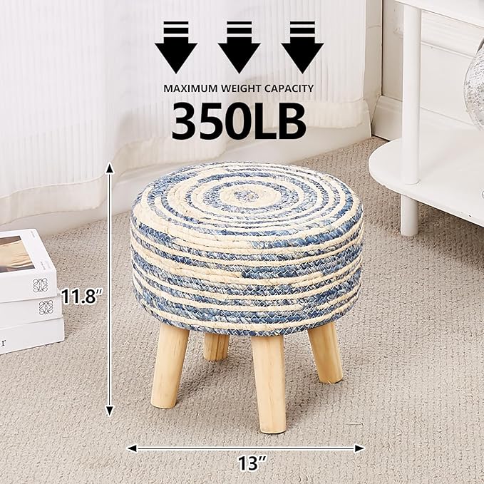Cpintltr Round Ottoman Natural Seagrass Footstool Hand Weave Water Hyacinth Poufs Eco Friendly Sofa Foot Stool Soft Step Stool Padded Foot Rest with Pine Legs for Living Room (Mixed Blue)