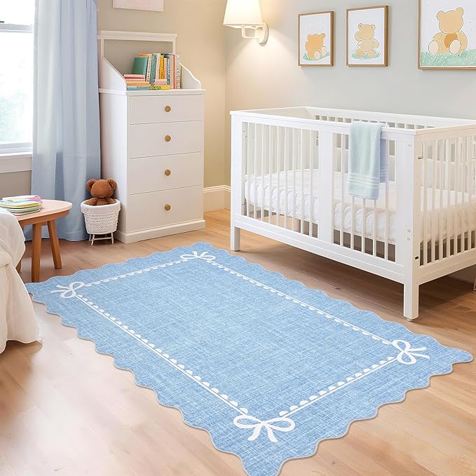 GarveeHome Scalloped Bow Rug for Living Room, Solid Blue Rug for Dorm, Washable Rugs 4x6 Soft Low Pile Non Slip Scalloped Rugs for Nursery Bedroom Decor Hallway Kids Room Playroom