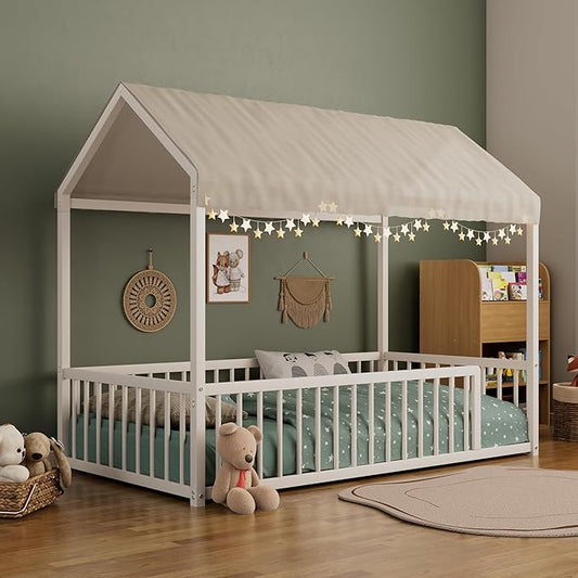 House Shape Twin Size Montessori House Bed Metal Floor Bed Twin Bedframe for Kids No Box Spring Needed, White