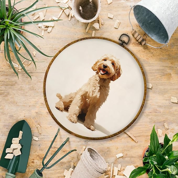 Hiuwevt Vintage Goldendoodle Dog Round Wall Art Decor, Golden Doodle Gifts Framed Canvas Prints, Rustic Neutral Dog Round Wall Hanging Decor for Home Bedroom Living Room Decorations, 10x10 Inches