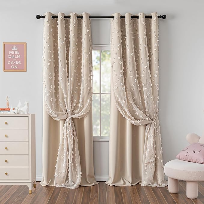 MYSKY HOME Beige Curtains for Bedroom 90 Inches Long Living Room Curtain with Beige Pom Pom Sheer for Dining Room Grommet Double Layer Nursery Curtain Toddler Room Darkening Window Drapes 52 Wide