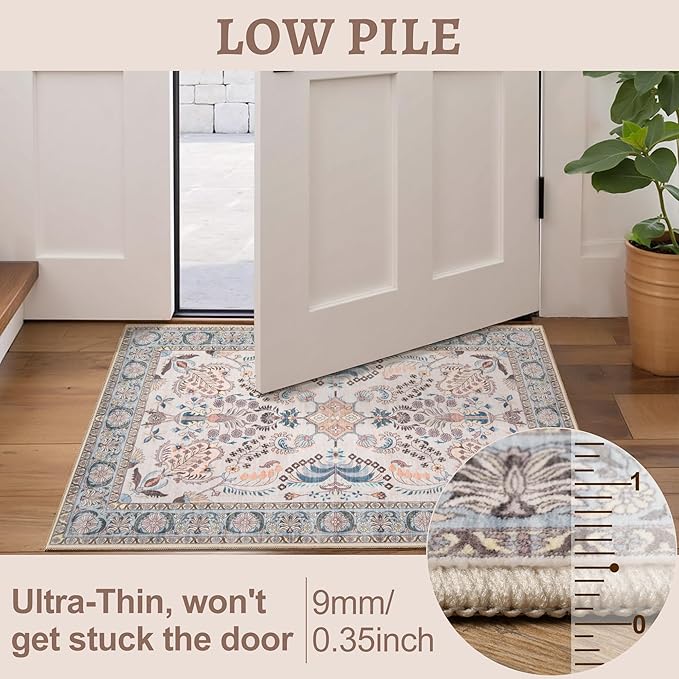 Tangsoo 2x6 Washable Runner Rug for Hallways,Non Slip Vintage Persian Floral Rug Runner, Soft Low Pile Neutral Floor Carpet Runners for Kitchen Bedroom Entryway Living Room Bedside Laundry Home Decor