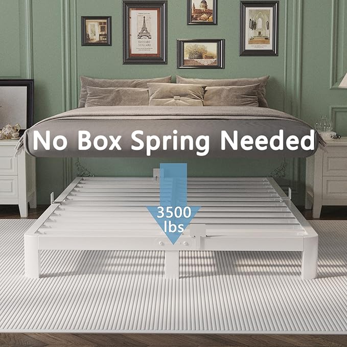 6 Inch Full Size Bed Frame with Metal Gaskets, White Full Bed Frame No Box Spring Need, Heavy Duty Steel Platform Support, Round Corner Legs, Easy Assembly, Noiseless