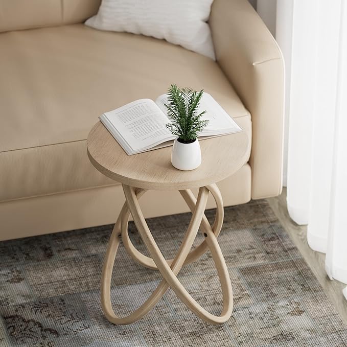 Round End Table Farmhouse Wood Side Table Rustic Plant Stand with Intertwined Line Design for Living Room, Office, Light Wood Color