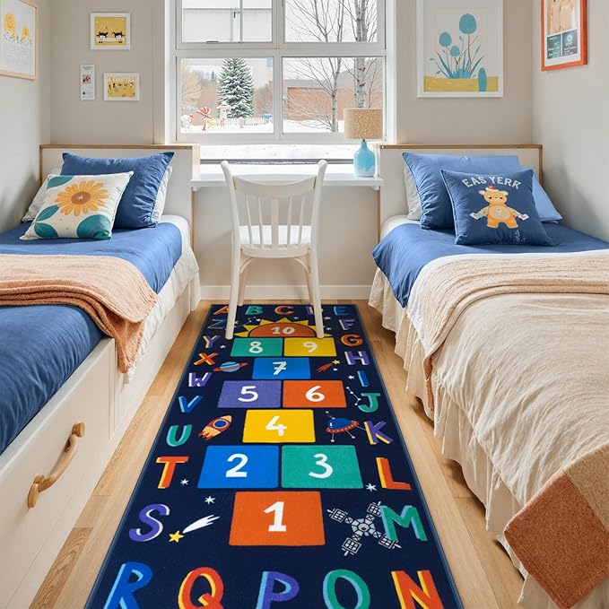 STARUIA Washable Hopscotch Kids Rugs for Playroom, Colorful Educational Classroom Rug with ABC Number, Non Slip Boy Kids Room Rug Space Game Carpet for Bedroom Nursery（Dark Blue, 31.5''x72''）