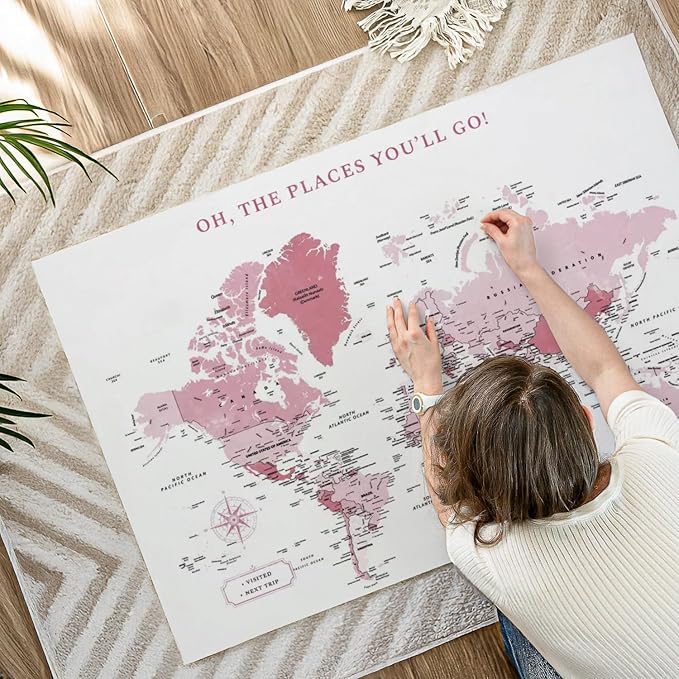 ElephantStock - Places You'll Go Push Pin World Map Wall Art - Horizontal Canvas Wall Art - Living Room Wall Decor - Digital Art Map Canvas Art - White And Pink Decor - 48" x 32"