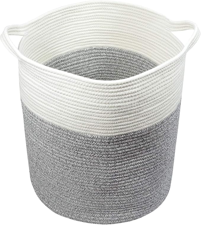 COMFY-HOMI XXL Large Laundry Basket with Handles Blanket Baskets Living Room|Woven Cotton Rope Decorative Basket Laundry Hamper Baby Basket Nursery Dog Toy Storage Organizer Bin-16”x18”-White Grey