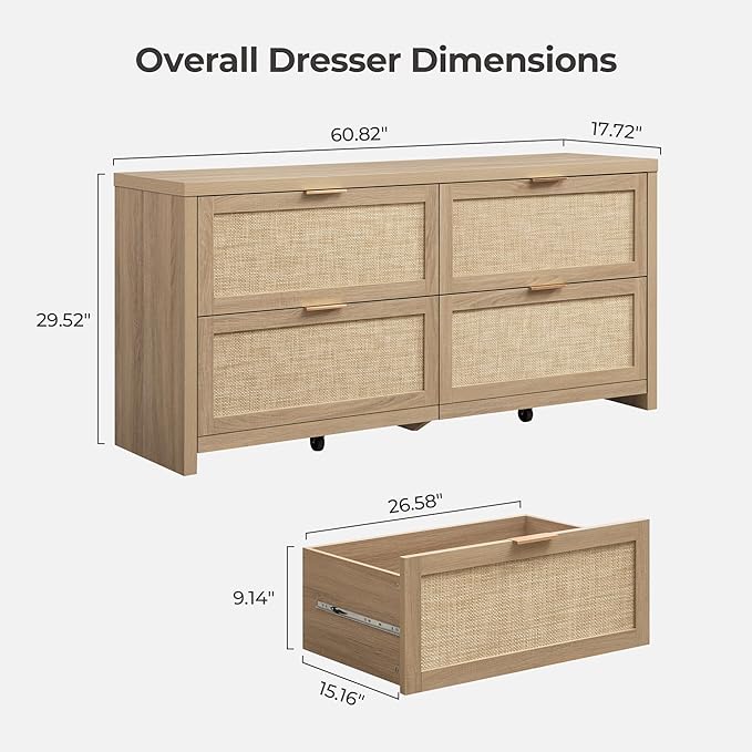 SICOTAS 60.8" Dresser for Bedroom, Rattan Boho Dresser with 4 Deep Drawers, Large Chest of Drawers for Closet,Nursery,Dressers TV Stand for Bedroom (Reclaimed Caramel Oak, 4 Drawers (1 pc))
