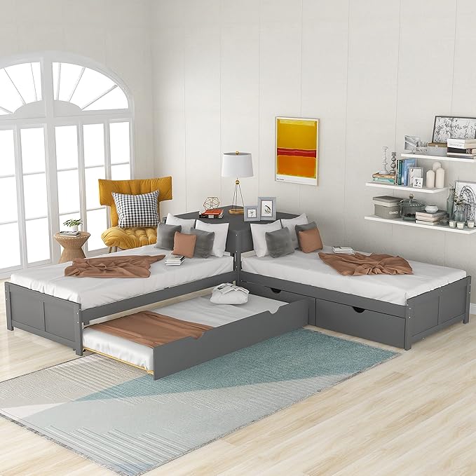 Harper & Bright Designs L-Shaped Platform Bed Frame with Trundle and Drawers Linked with Built-in Desk for Kids Boys Girls, Twin, Gray