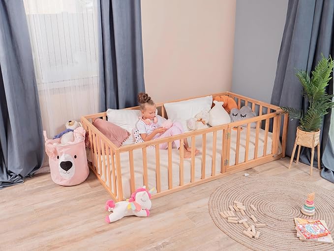 Toddler Bed Frame with 21.7" High Railings, Made in Europe from Alder Wood, 7 Colors Customizable Montessori Floor Bed, Kids Twin Bed Frame Painted With Water Based Paint, 5 sizes Kids Beds (Model 19)