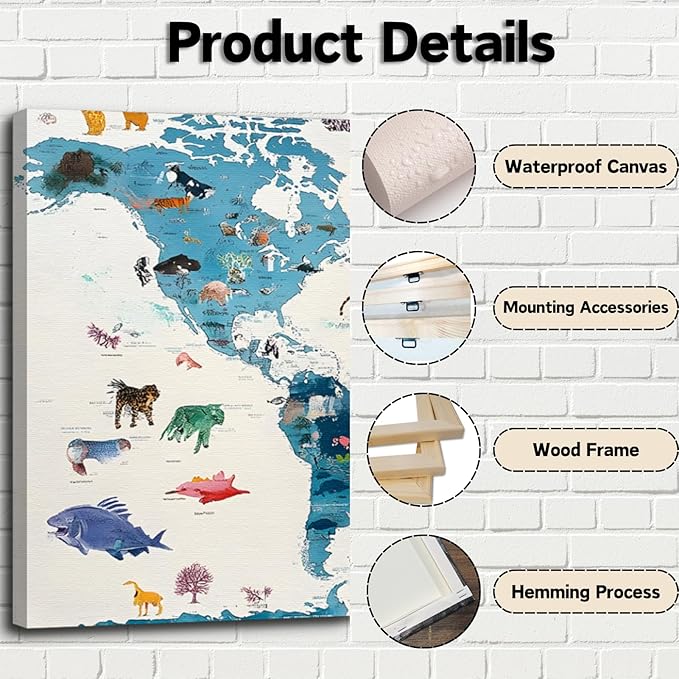 Hotuijxca Animal World Map Wall Art, Nursery World Map Canvas Wall Art, Nursery Animal Maps Wall Decor for Living Room, Bedroom, Children's room (16" x 24" x 3 pcs)