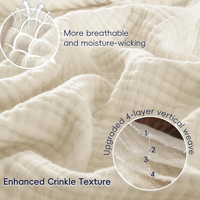 PHF 100% Cotton Muslin Blanket Queen Size 90"x90", 4-Layer Lightweight Gauze Throw, Breathable Cloud-Soft Minimalist Blanket for Bed, Couch, Camping & Baby, Birch, Ideal Gift