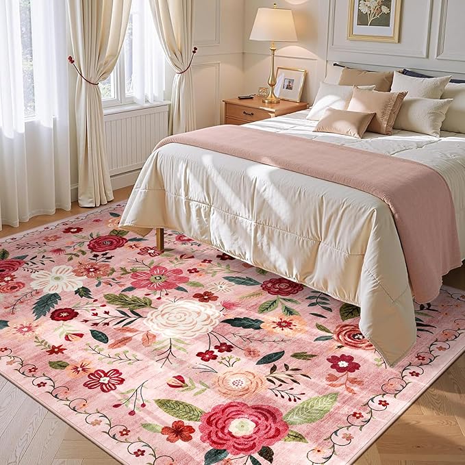 5x7 Washable Area Rug for Living Room, Floral Non-Slip Non-Shedding & Easy Care, Soft Low Pile Boho Indoor Floor Carpet for Living Room, Bedroom, Farmhouse, Dining Room, Kids Playroom, Pink