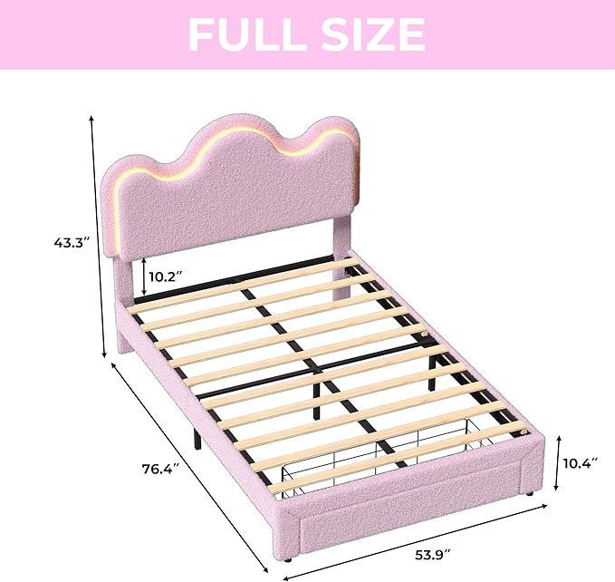 FULL Upholstered LED Bed Frame with Storage Drawers Girls Bed with flower Headboard Boucle Princess Platform Bed Frame for Kids/Girls Strong Wood Slat Support,No Box Spring Needed,Easy Assembly