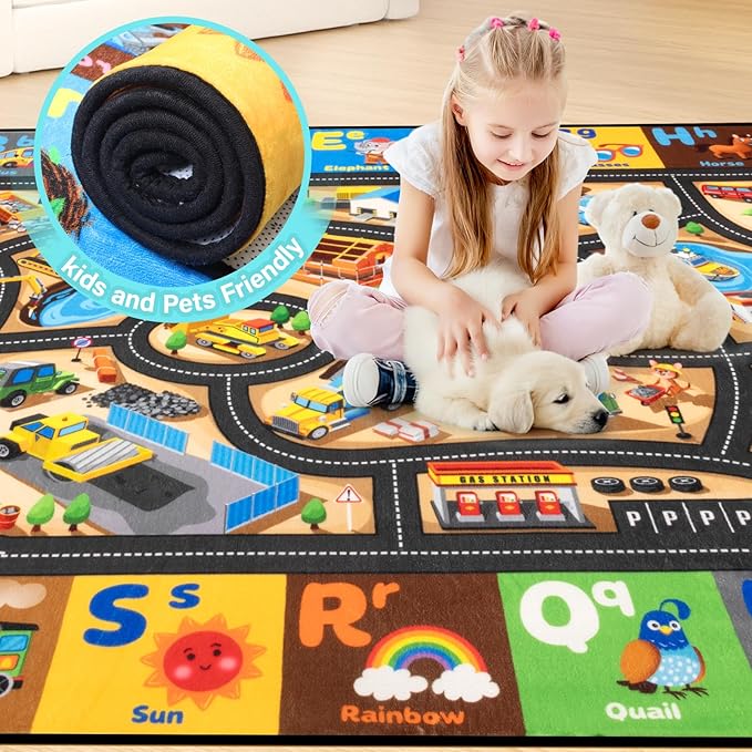 Construction Site Play Rug 3x5FT Car Rug for Kids Toy Cars Non-Slip Car Carpet Baby Play Mat for Floor Washable ABC Alphabet Playroom Nursery Preschool Daycare Carpet