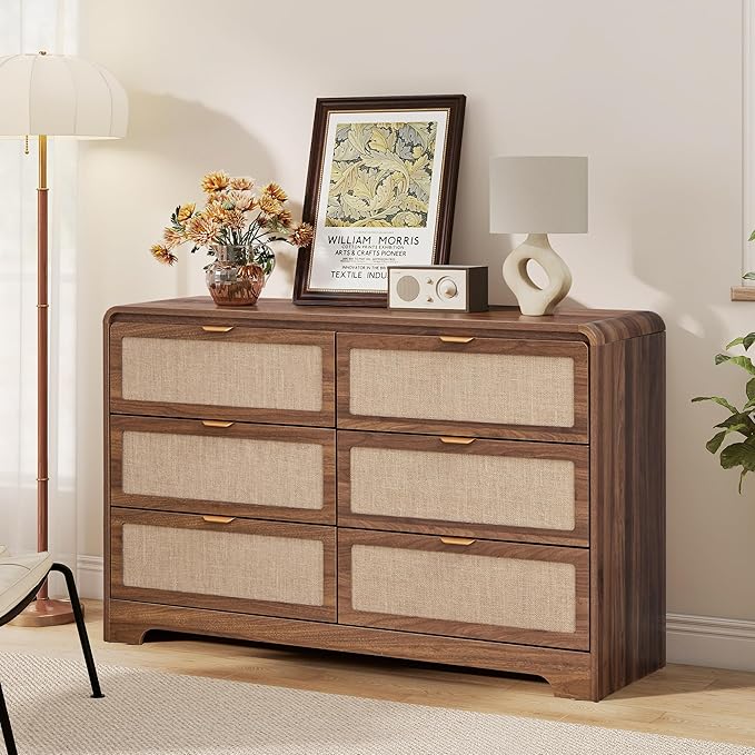 6 Drawer Dresser for Bedroom, 48" Wide Curved Wooden Dresser with Natural Linen & Metal Handle, Mid Century Modern Chest of Drawers Closet Clothes Storage Organizer for Living Room, Walnut
