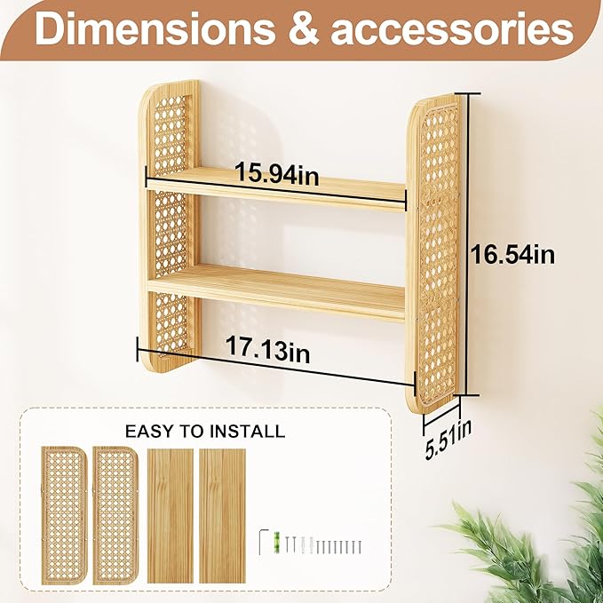 2-Tier Natural Rattan Wall Shelf, Cute Hanging Book Shelves Storage, Decorative Natural Display Shelves, Boho Floating Shelf for Nursery, Bedroom, Living Room