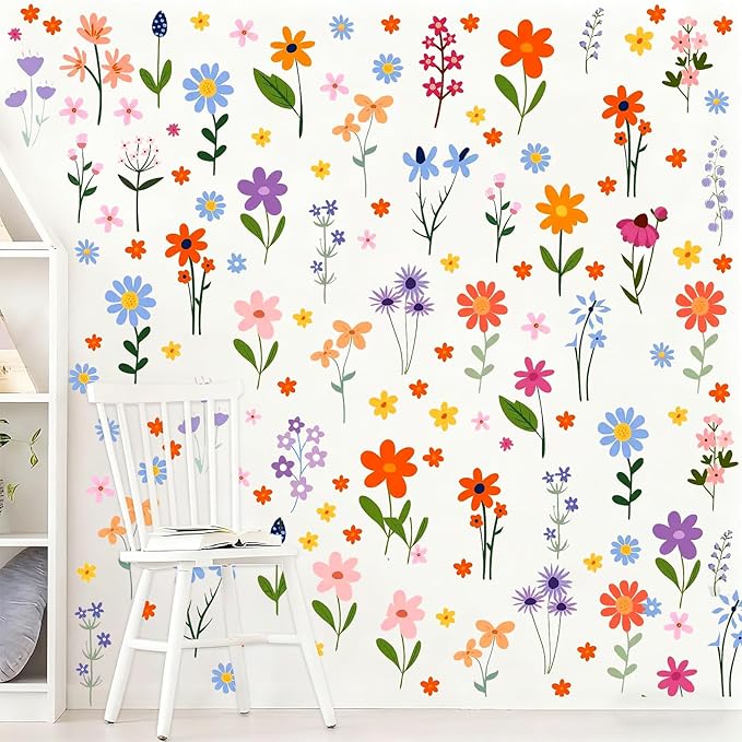 102Pcs Flower Wall Decals Peel and Stick, DIY Spring Themed Floral Wall Stickers, Removable Wildflower Spring Art for Girls Bedroom, Kids Room, Nursery, Living Room, Bathroom, Kitchen Home Wall Decor