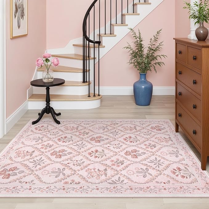 Pink Rugs for Bedroom Girls, 4x6 Floral Washable Area Rug Non Slip, Soft Indoor Decor Elegant Carpet for Kids Room Nursery Living Room Dining Room, Pink Multi