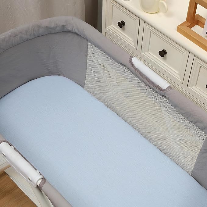 Onacosht Muslin Bassinet Sheets 3 Pack, 100% Cotton Baby Fitted Sheet 33" X 17" for Standard Rectangle Round Oval and Hourglass Bassinet Mattress, Beige Green and Blue