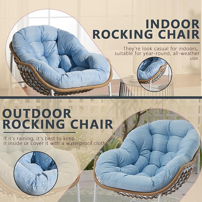 Oversized Outdoor Papasan Rocking Chair Set of 2 with Soft Cushion, Comfy Patio Egg Chair, Wicker Lounge Rocker for Balcony/Porch/Garden, Reinforced All Weather Rattan Frame, Sky Blue