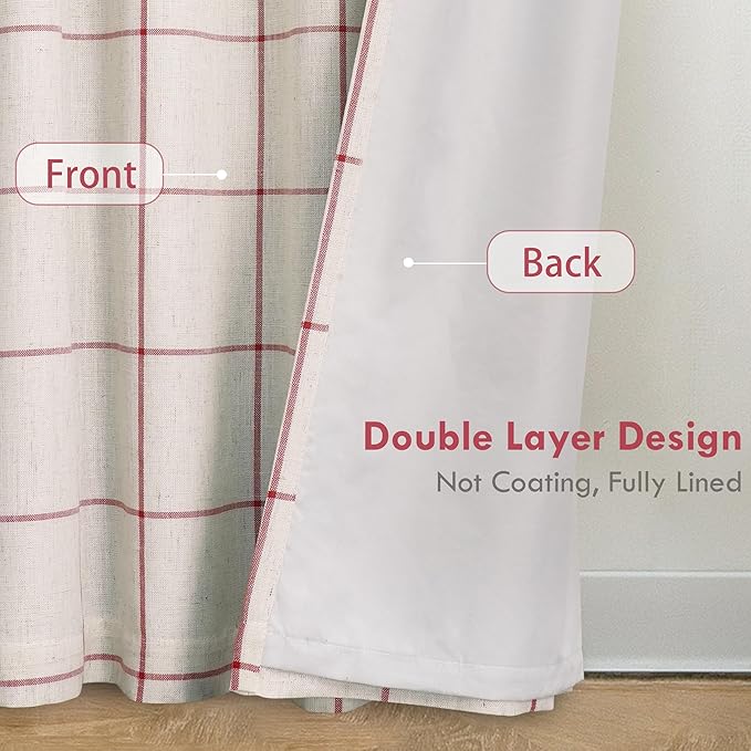 DriftAway 2 Panels 100% Blackout Windowpane Plaid Linen Curtains Double Layer Drapes for Bedroom 96 Inches Long Farmhouse Thermal Insulated 3.25 Inch Rod Pocket Back Tab for Living Room Red