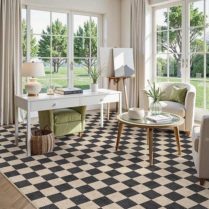 LIVEBOX 9x12 Area Rugs for Living Room, Checkered Non-Slip Washable Rugs, Farmhouse Neutral Classic Geometric Large Boys Area Rug for Bedroom, Carpet for Living Dining Room Office(Black,9'x12')