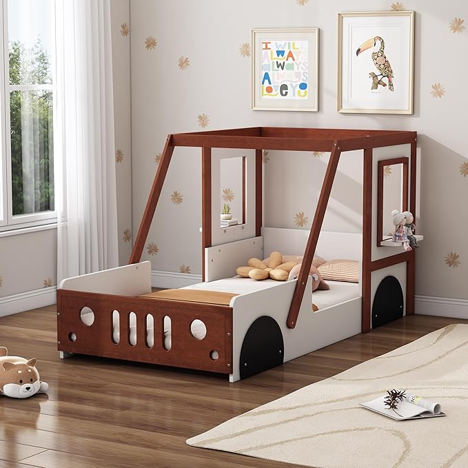 Cute Fun Play Design Twin Size Car Bed,Kids Platform Bed with Car-Shaped Headboard and 2 Windows,Solid Wood Car Bed Frame with Strong Slatted Support for Kids Teens,Can be Decorated