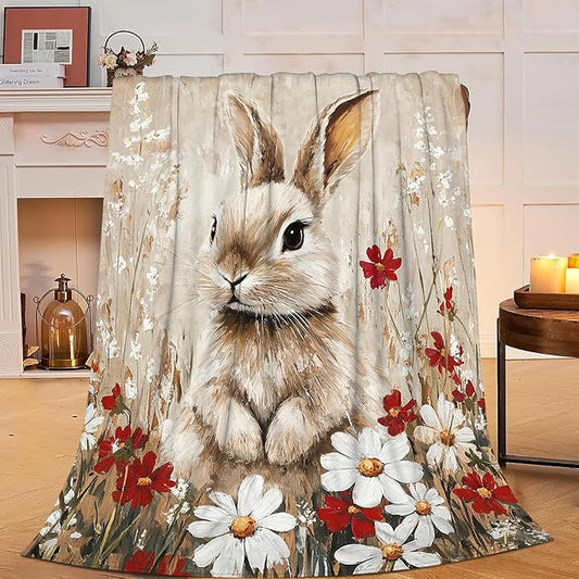 Farmhouse Rabbit Blanket Rustic Bunny Throw Blanket Country Soft Cozy Fleece Fuzzy Stuffed Plush Flannel Gifts for Girls Women Boys Kids Adults 60"X80"