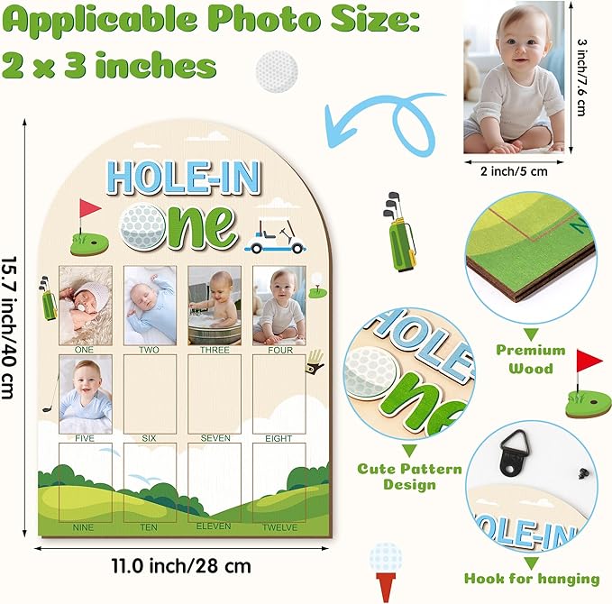 R HORSE My First Year Photo Display Wood Board - Baby’s First Year Picture Frame, 12 Months Milestone Board, 3D Golf Themed Neutral Baby Keepsake Gift One Year Old Birthday Nursery Decor for Girl Boy