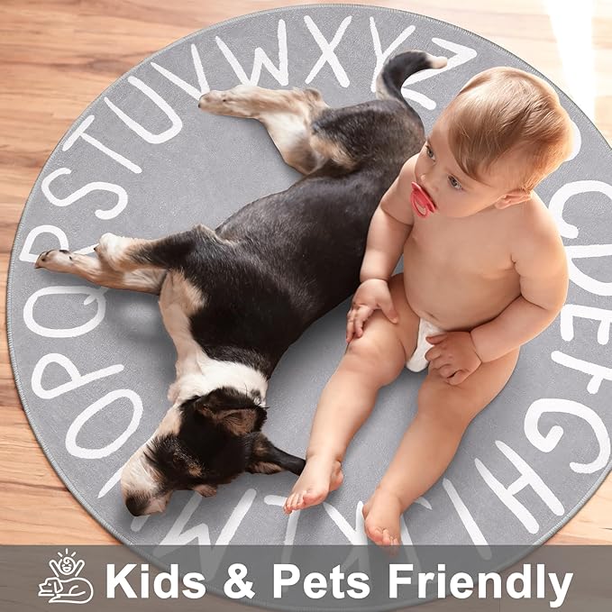 LIVEBOX Grey ABC Kids Rug for Playroom, Baby Nursery, Kids Room, Soft Circle Carpet Learning Crawling Mat for Classroom Dorm (40", Grey)
