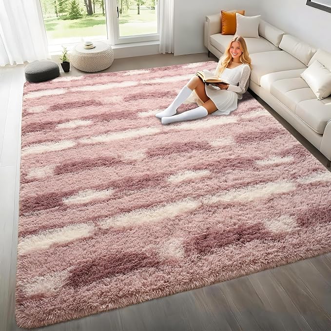8x10 Feet Area Rugs for Living Room Bedroom,Pink and White Machine Washable Soft Fluffy Shaggy Indoor Rug, Floor Carpet for Girls Boys Kids, Dorms, Nursery Rooms, Home Decor Aesthetic