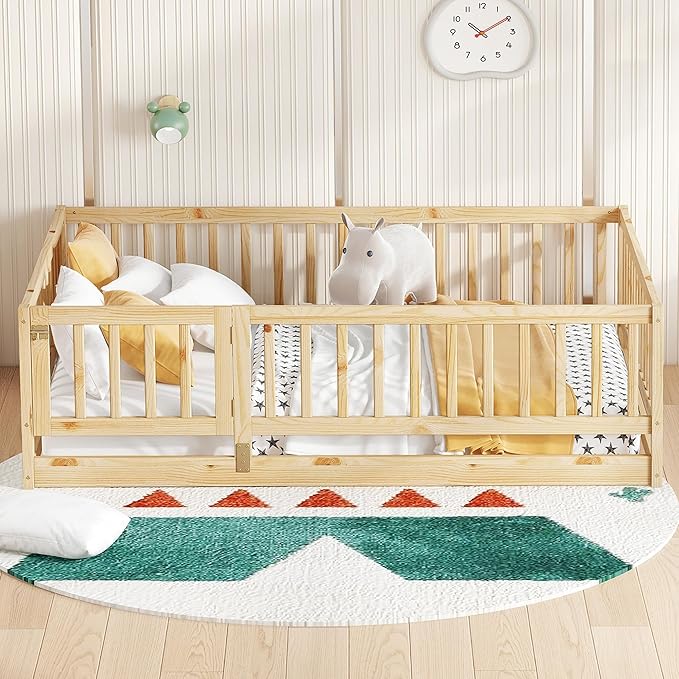 Full Size Floor Bed Frame with Door and Slats,Montessori Floor Bed with Safety Guardrails for Girls Boys,Solid Wood Kids Montessori Bed Full Size,Natural