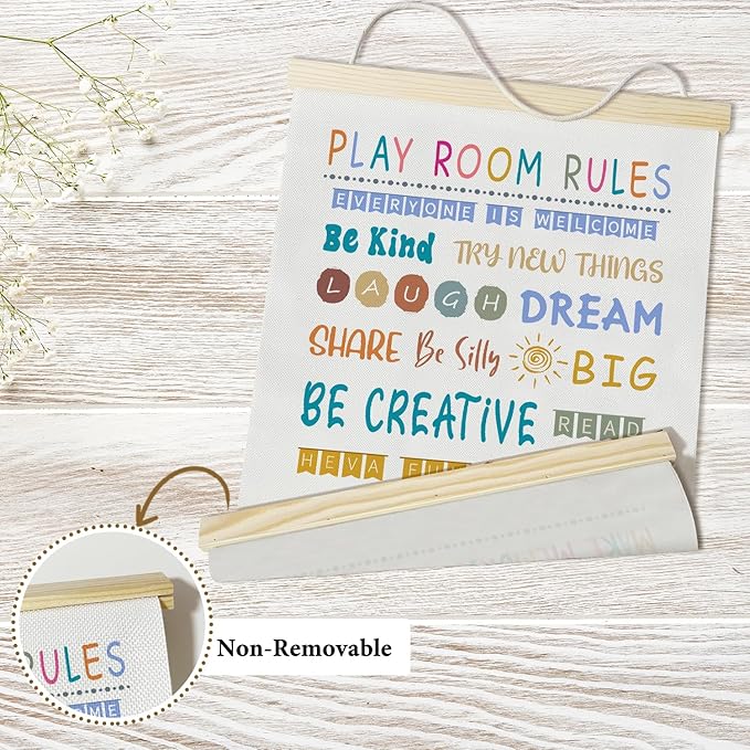 Nopoben Playroom Rules Poster Hanger Frame, Playroom Wall Art With Wooden Poster Hanger, Play Room Wall Decor, Kids Room Nursery Bedroom Classroom Decor(12x16 Inches)-21