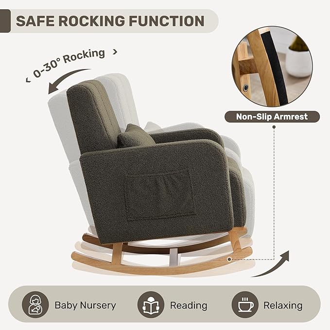 Rocking Nursing Chair with Ottoman, Upholstered Glider Rocker Armchair with High Backrest and Side Pocket, Comfy Reading Chair with Solid Wood Legs for Nursery, Living Room,Bedroom, Green