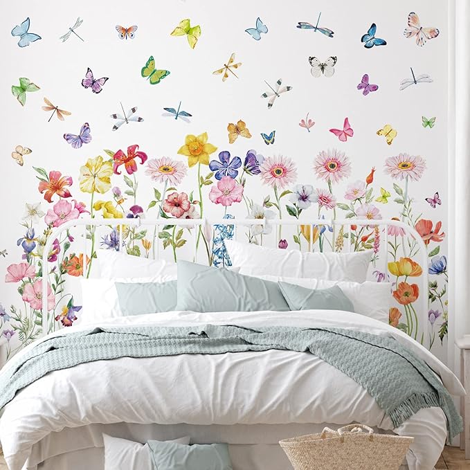 Zonon 6 Pcs Flowers Wall Decals Stickers Vinyl Removable Peel and Stick Colorful Dragonflies Floral Wall Murals Decor for Bedroom Living Room Nursery(Modern)