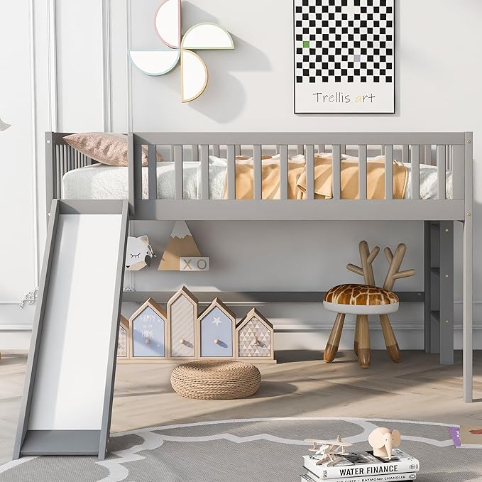 Full Size Low Loft Bed Frame for Boys Girls Kids Adults Toddler for Boys Girls Kids Adults Toddler with Ladder and Slide,Gray