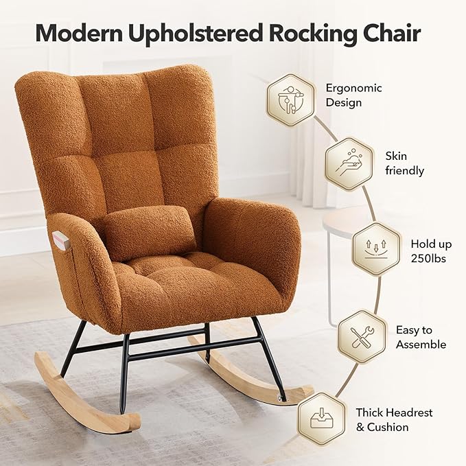 Rocking Chair Nursery Teddy Upholstered Baby Fluffy Glider Rocker for Adults Small Spaces Indoor Nursing Chair for Living Room Bedroom Classroom Beige Comfortable Durable Stylish-Brown