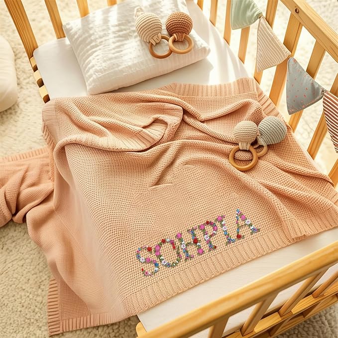 Luxury Personalized Baby Blanket, Soft Breathable Cotton Knit, Custom Embroidered Name Blanket, Newborn Baby Gift, Baby Shower Present, Gifts for New Mom, Baby Girl & Boy Style 4