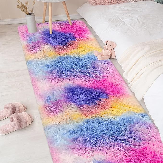 Soft Fluffy Pink Rainbow Rug for Girls Bedroom Carpet 2x8 Tie Dyed Shag Runner Fuzzy Bedside Kids Princess Rug for Girls Bedroom Living Room Hallway Nursery Kids Unicorn Home Decor