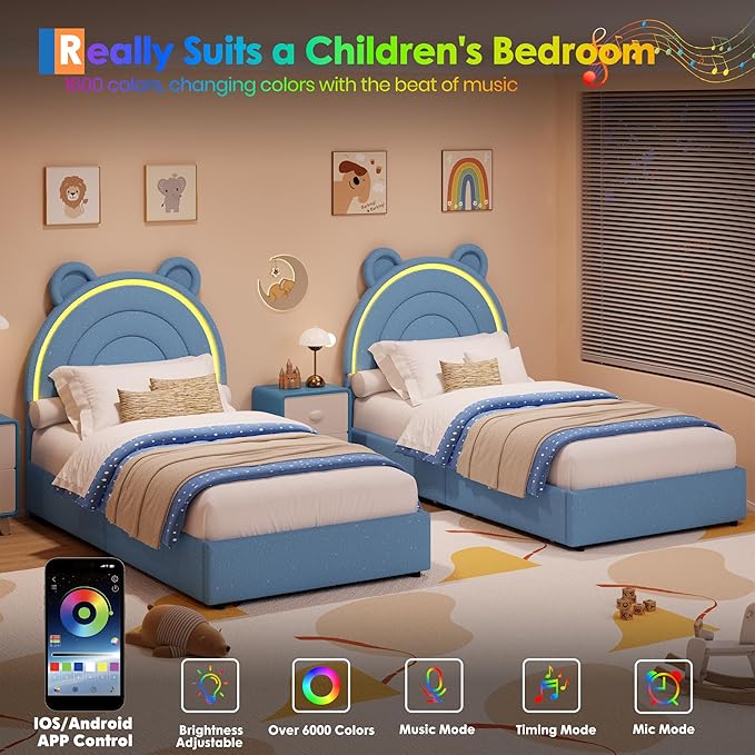 Garvee Twin Size Bed Frame with 4 Storage Drawers & LED Lights, Velvet Upholstered Platform Bed with Rainbow Headboard for Kids/Boys, Solid Wood Slats Support, No Box Spring Needed, Blue