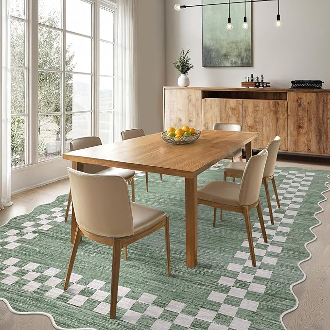 GarveeHome Washable Rug 5x7 for Living Room Large Bedroom Scalloped Rug Non Slip Stain Resistant Modern Border Throw Carpet Soft Boho Rug for Dining Room Nursery Home Office, Green