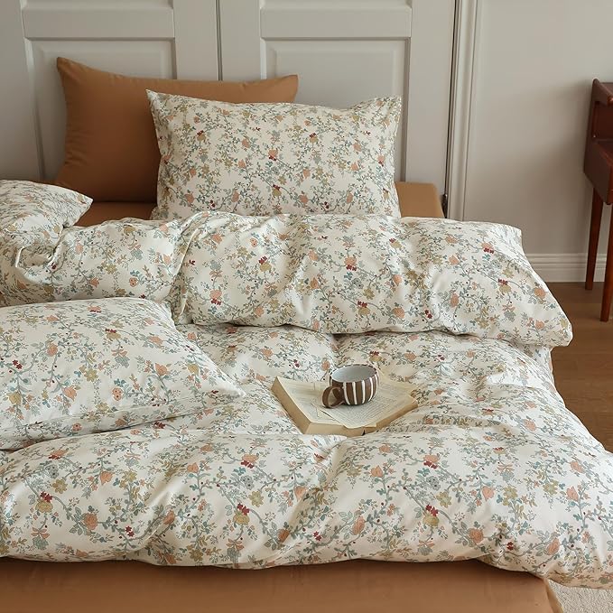 LifeTB Vintage Garden Floral Duvet Cover Queen 3 Pieces Soft Cotton Girls Cottagecore Bedding Set Botanical Flower Comforter Cover with Zipper Closure Floral Branches Vintage Country Bedding