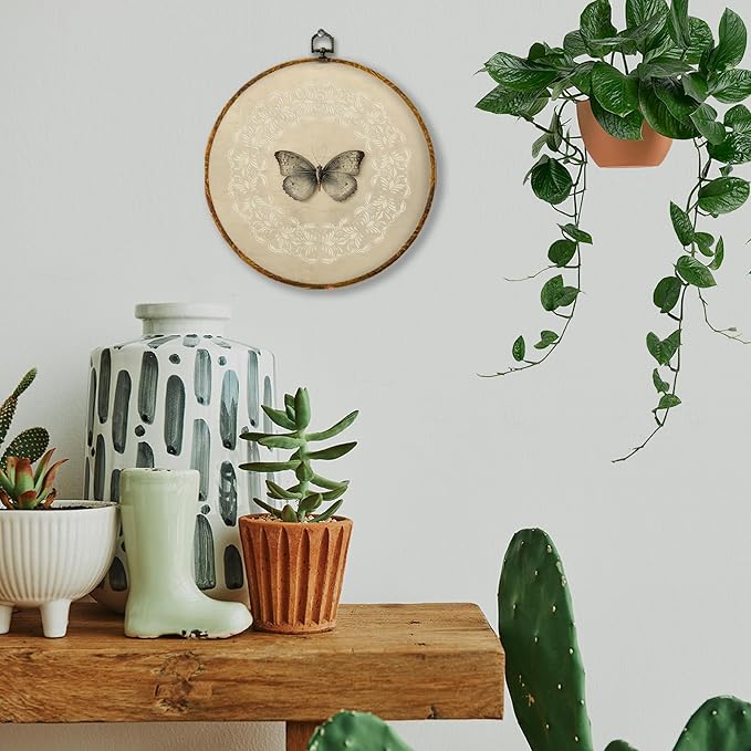 Hiuwevt Vintage Butterfly Round Wall Art Decor, Neutral Moody Butterfly Botanical Framed Canvas Prints, Retro Moth Round Wall Hanging Decor for Home Bedroom Living Room Decorations, 10x10 Inches