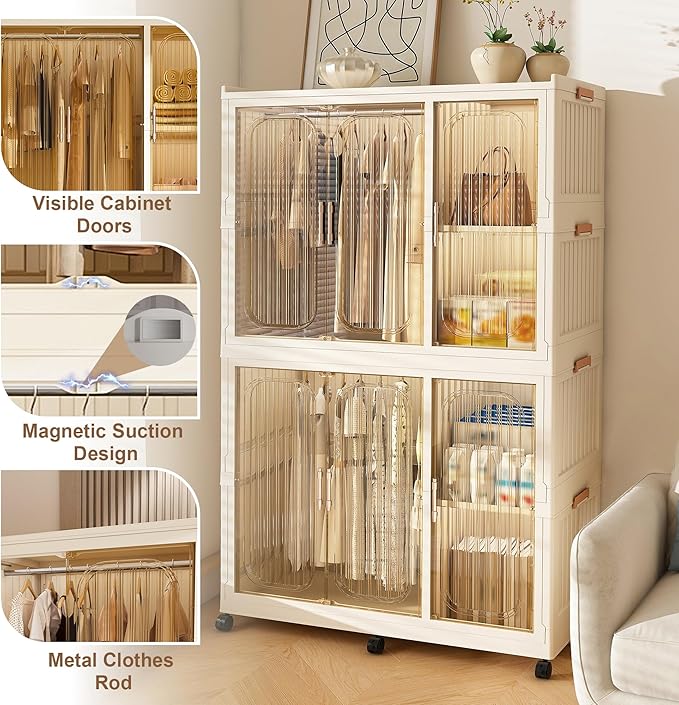 Portable Closet Wardrobe, Foldable Clothes Organizer with 6Cubes Storage, Easy Assemble Clothing Organizer with Magnet Doors, Wardrobe Storage Cabinet For Kids,Baby,Adult (36"L x 62"H(Upgrade))