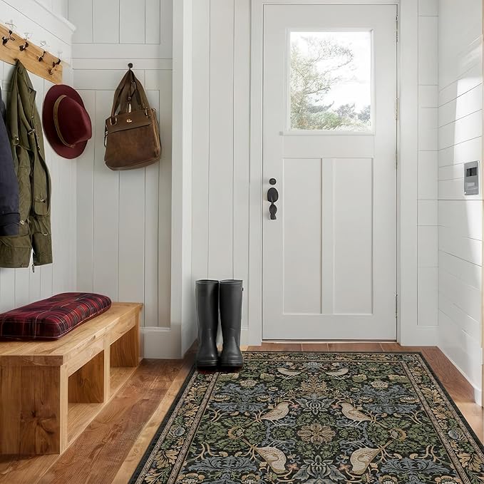 Washable 4x6 Area Rug for Living Room - Moody Accent Rug for Kitchen, Office, Large Entryway, Rustic Botanical Decor, Non-Slip Low Pile Ultra Soft Carpet