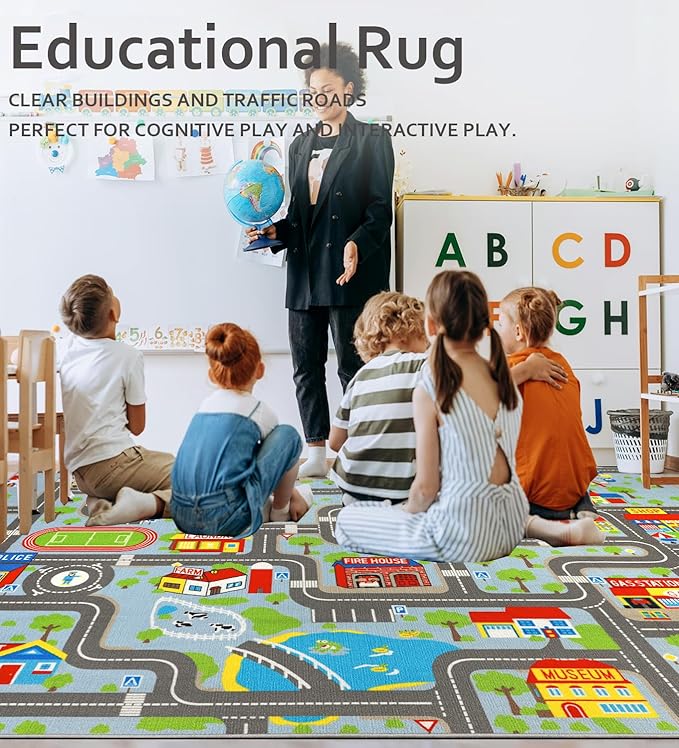 Kids Carpet Playmat Rug 6'6''x9'8'', Kids Rugs for Bedroom, Non-Slip Town City Road Map Car Rugs for Kids Toy Cars, Track Carpet Play Rug for Playroom Classroom Decor (Sky Blue)