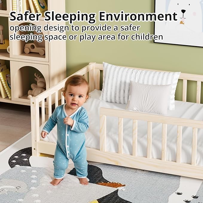 LLS Twin Floor Bed for Kids Solid Wood Montessori Bed Frame with Safety Guardrails Multifunctional Montessori Floor Bed for Toddlers, Without Door, Natural